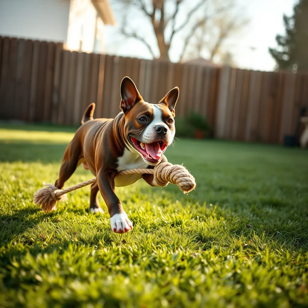 A Staffordshire Bull Terrier enjoying an energetic play session in the backyard
