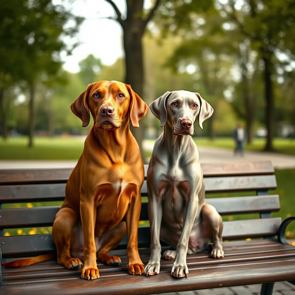 A Vizsla and a Weimaraner showcasing the elegant look of short-coated sporting breeds