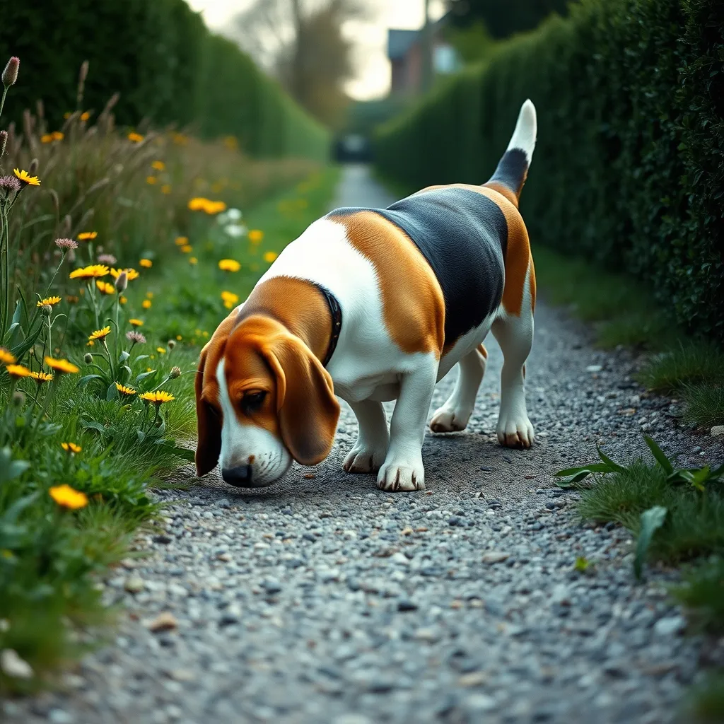 A Basset Hound taking its time on a morning sniff walk along a quiet nature trail
