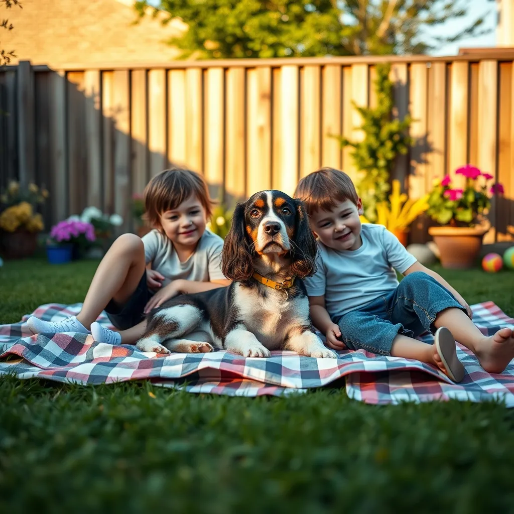 A family relaxing in the garden with their Cocker Spaniel after an afternoon play session