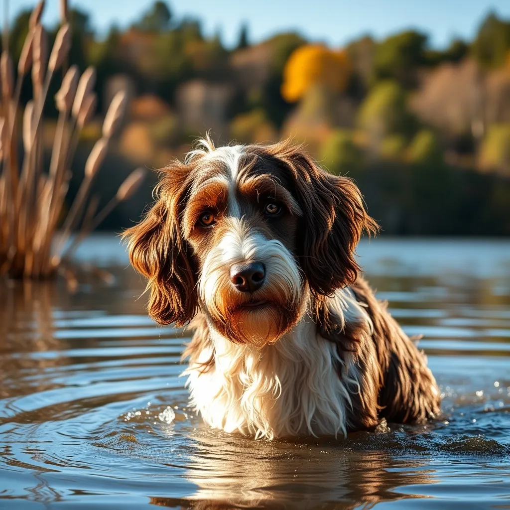 A Portuguese Water Dog enjoying a swim session at a natural lake
