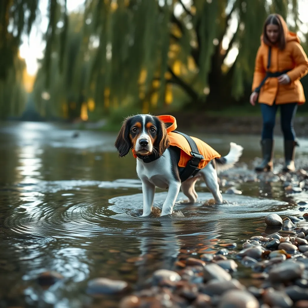 A spaniel wearing a safety life jacket being introduced to shallow river water under owner supervision
