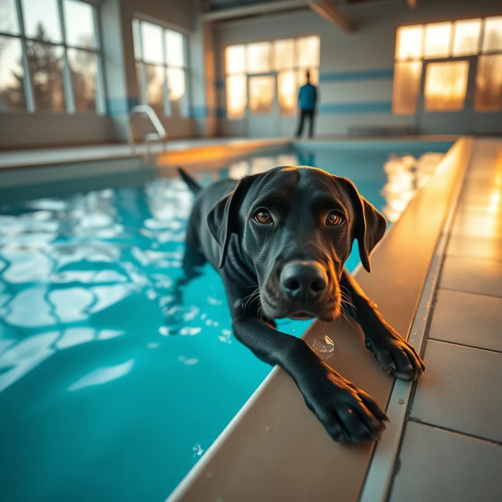 A labrador swimming confidently in a heated indoor canine pool during a supervised session