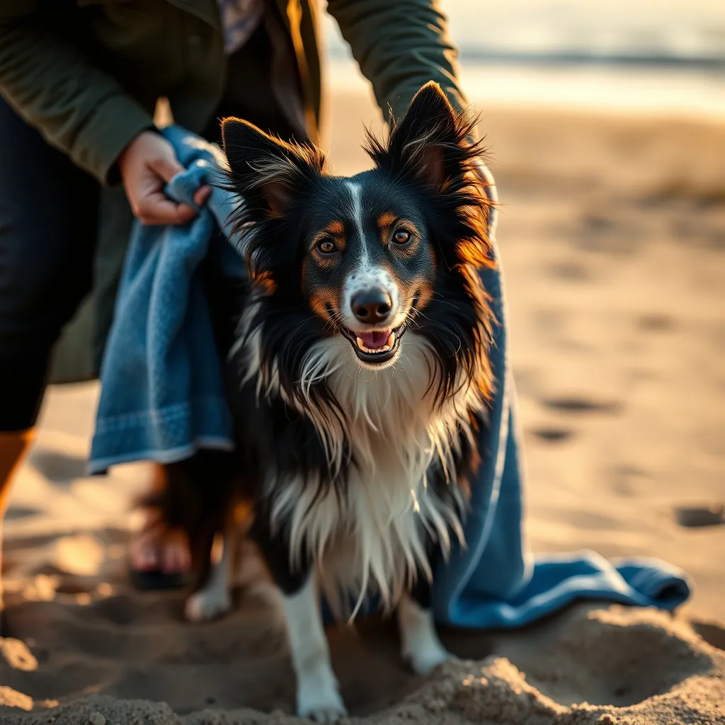 An owner carefully drying their border collie with a microfibre towel after a beach swimming session