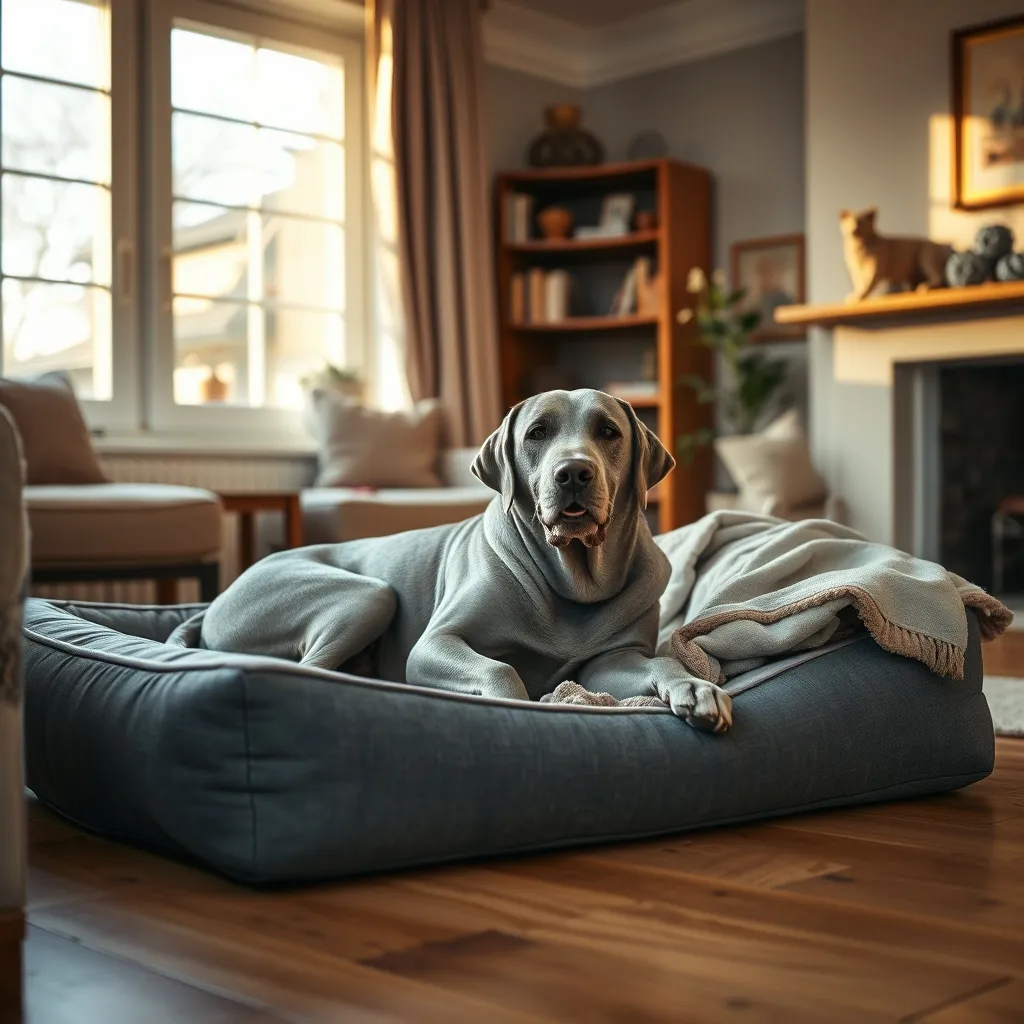A senior Labrador resting peacefully on an orthopaedic bed at home