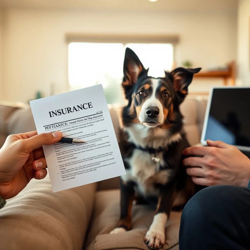 A pet owner reviewing insurance documents alongside their senior border collie