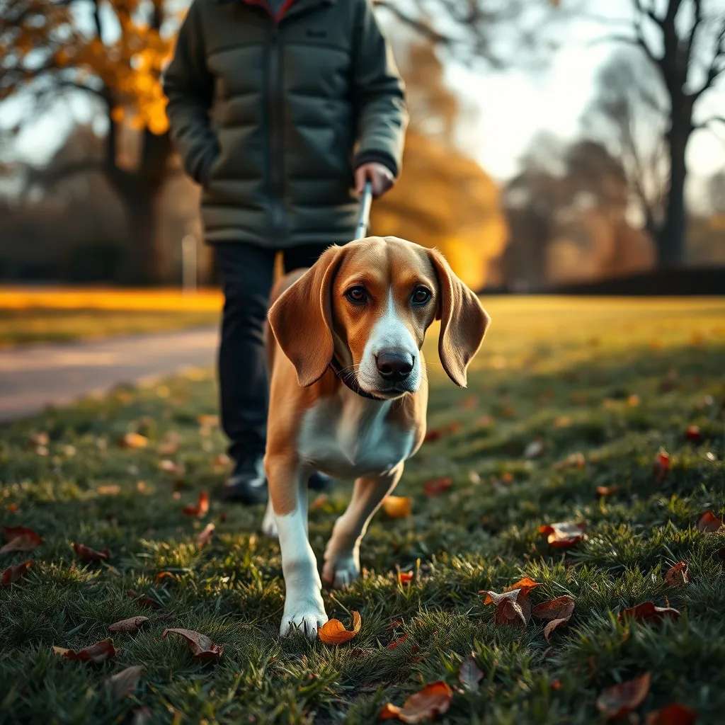 A senior beagle enjoying a gentle morning walk with its owner in an autumn park