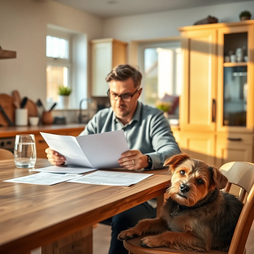 A dog owner reviewing pet insurance documents at home with their terrier