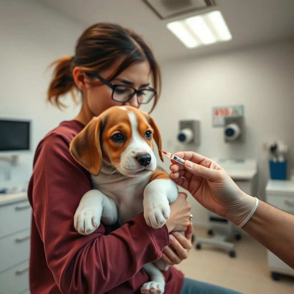 A beagle puppy receiving a vaccination at the veterinary surgery