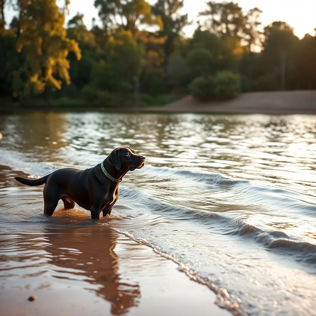 A Labrador retriever wading into a natural lake with its owner nearby for safety