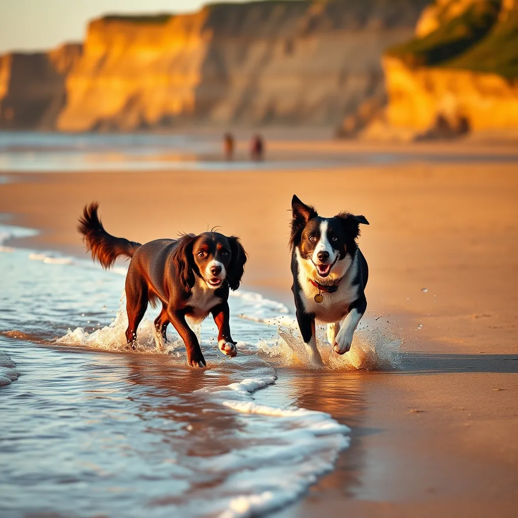 Two dogs playing in the shallow waves on a dog-friendly beach at golden hour