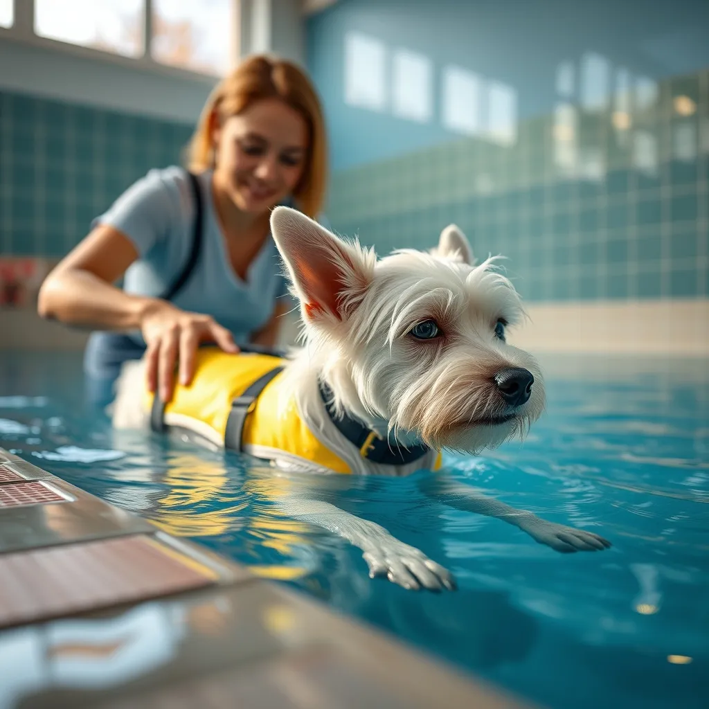 A small terrier receiving guided swimming support at an indoor canine pool facility