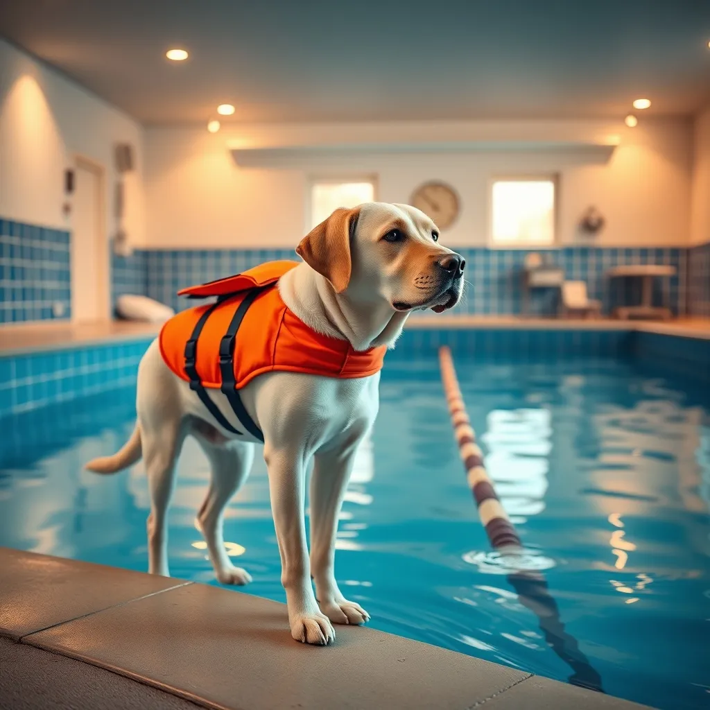 A Labrador wearing a life vest prepares to enter a heated canine swimming pool