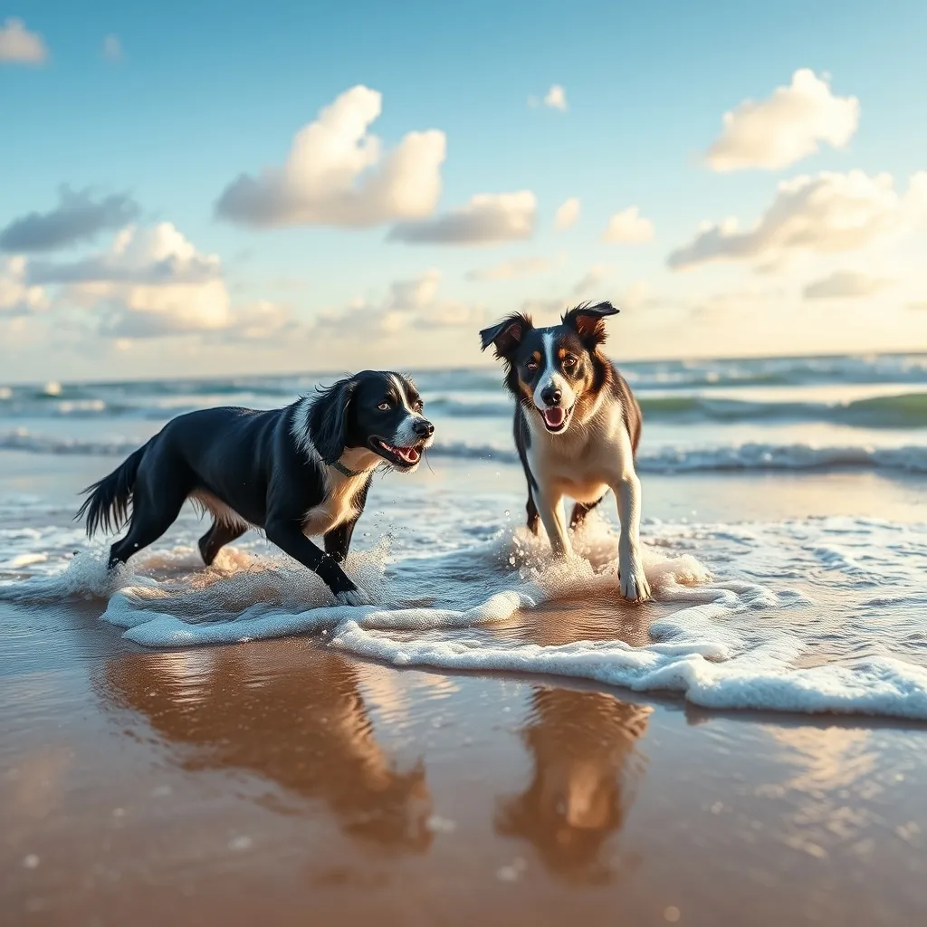Two dogs playing happily in the shallow waves on a dog-friendly beach