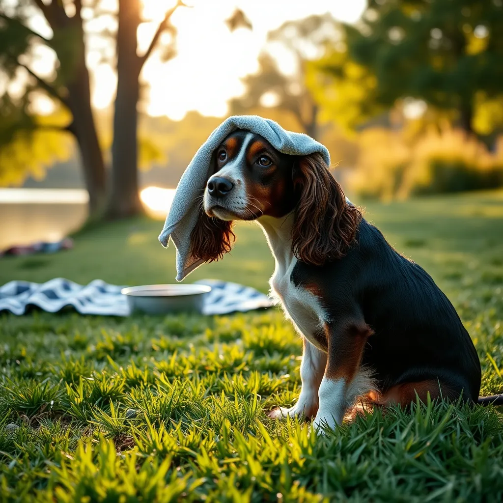 Drying a cocker spaniel's ears after a swimming session to prevent ear infections