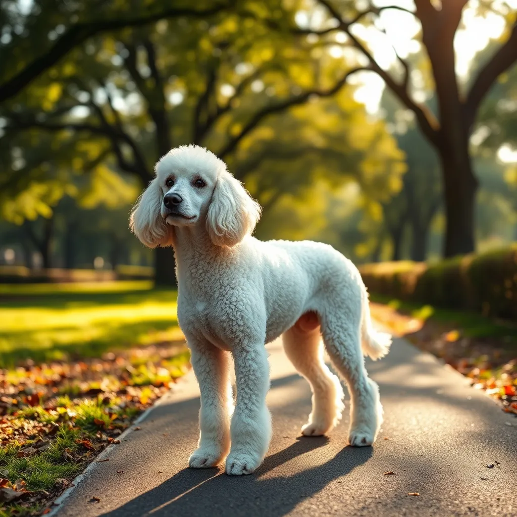 A white medium Poodle in a classic continental clip, showcasing the breed's elegant and hypoallergenic coat