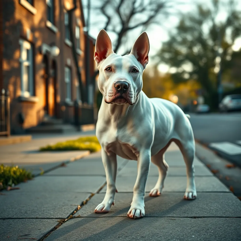 A white Bull Terrier displaying the breed's signature egg-shaped head and muscular physique on a residential street