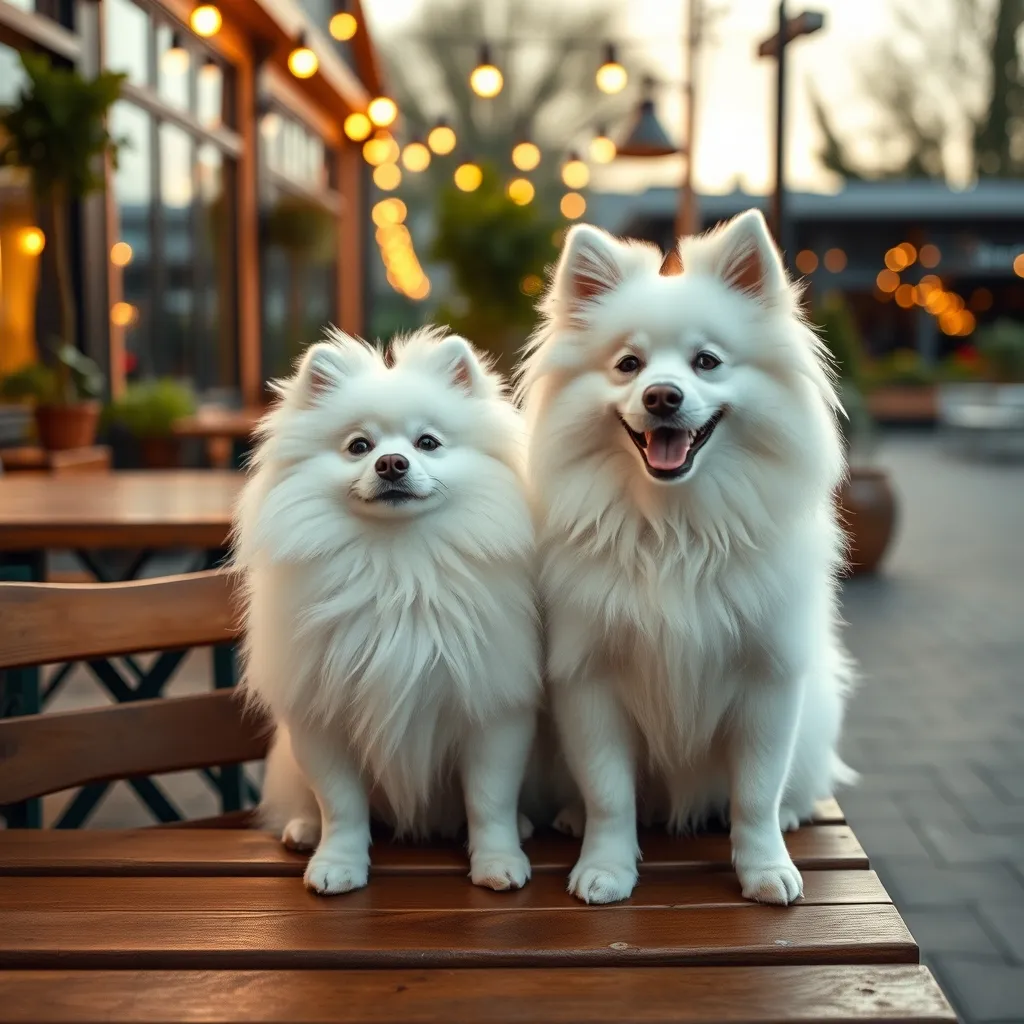 A Japanese Spitz and an American Eskimo Dog side by side, showing the subtle size difference between these often-confused white breeds