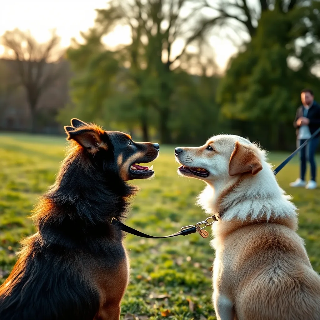 Two male dogs meeting on leash showing different levels of reactivity during a socialization session