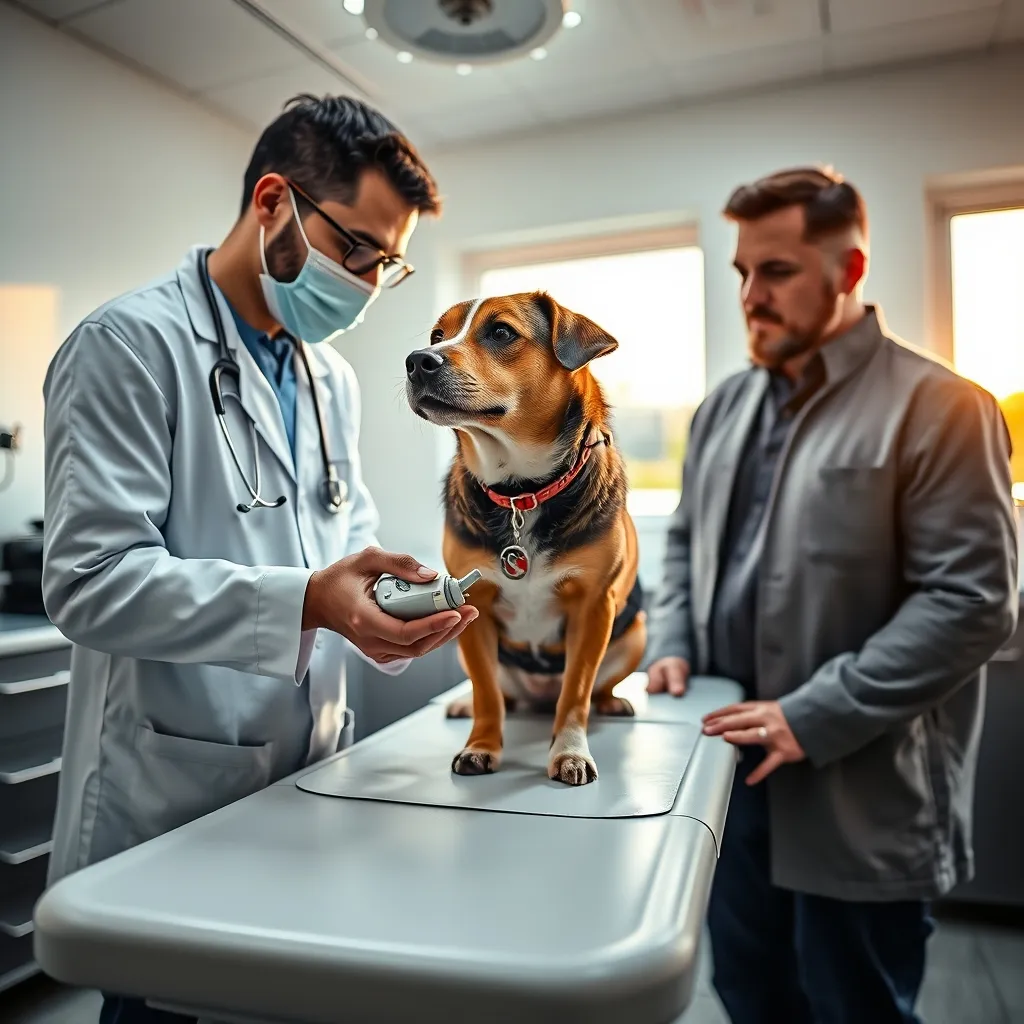 A veterinarian preparing a chemical castration implant during a routine consultation