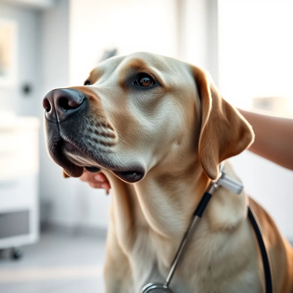 A senior Labrador receiving a gentle health check during a routine veterinary examination