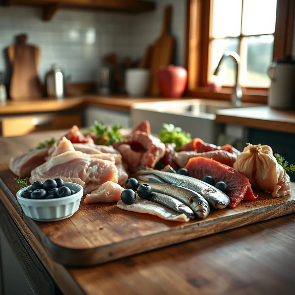 Raw dog food ingredients including muscle meat, organ meat, oily fish and berries arranged for meal preparation