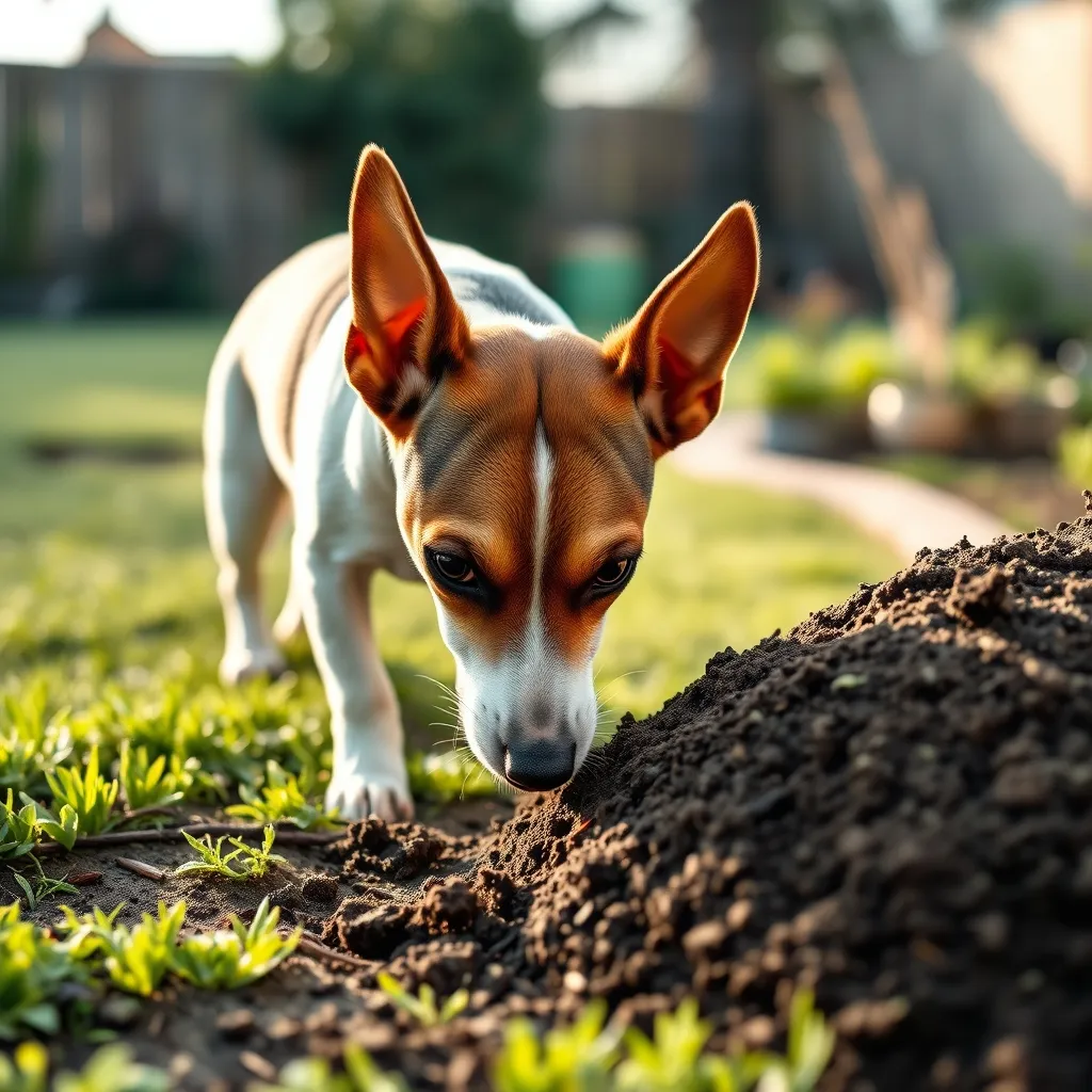 A Jack Russell Terrier investigates a scent trail in the garden, driven by strong prey instincts