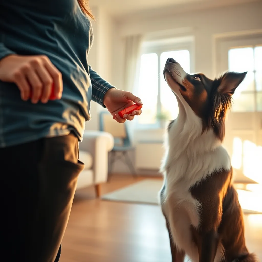 A border collie watches the trainer's hand during an indoor clicker training exercise