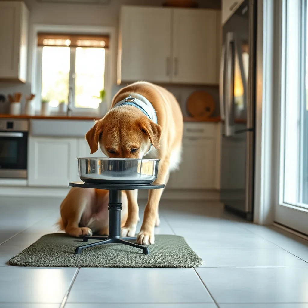 A senior dog eating comfortably from an elevated food bowl designed to reduce neck and joint strain