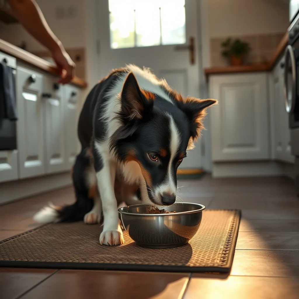A Border Collie enjoying a fresh raw meal served in a dedicated stainless steel bowl at home