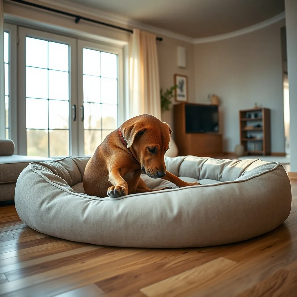 A Labrador circles and scratches at a dog bed, displaying the natural nesting instinct common in all breeds