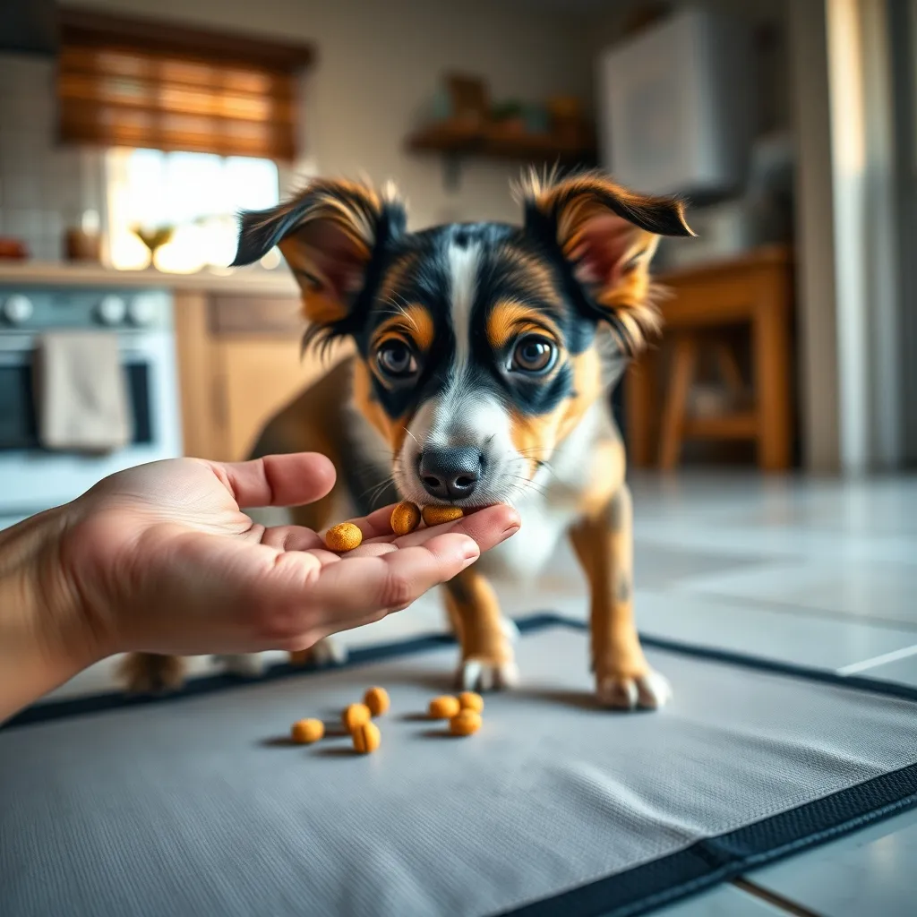 A small mixed-breed dog practises the hand-target touch exercise in the kitchen