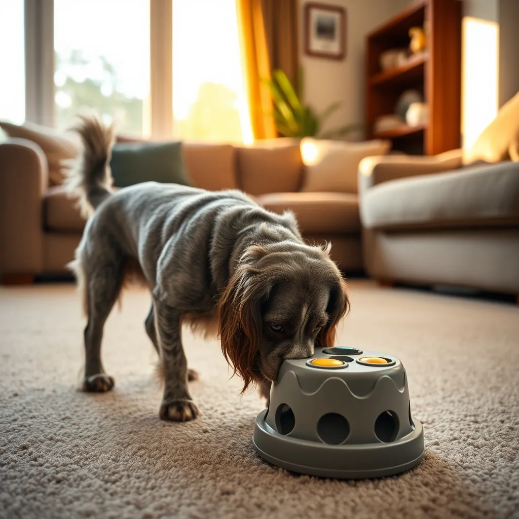 A senior spaniel engaging with a puzzle feeder toy for daily mental enrichment and cognitive stimulation