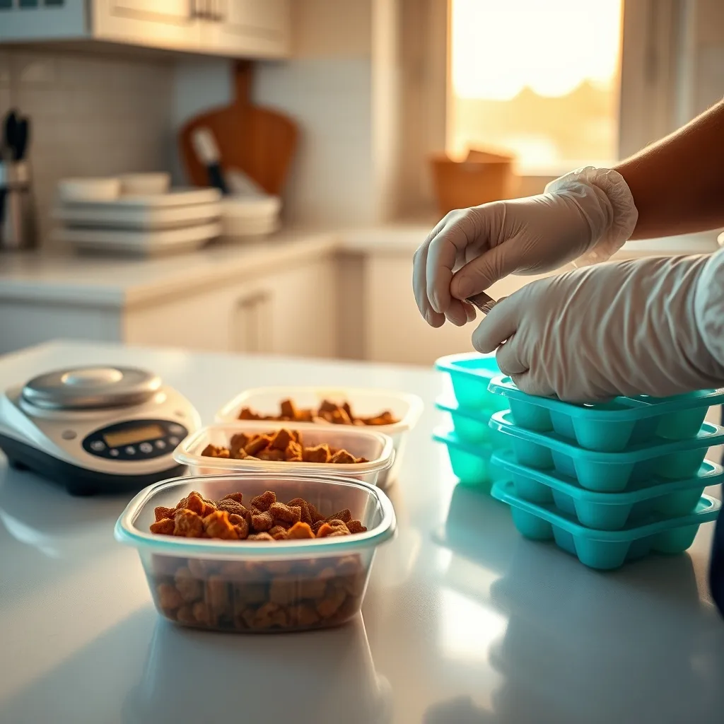 Batch-preparing and portioning raw dog food for freezer storage with proper hygiene equipment