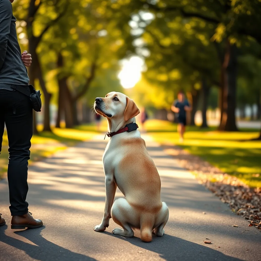A Labrador retriever practises a reliable sit cue in a distracting park environment